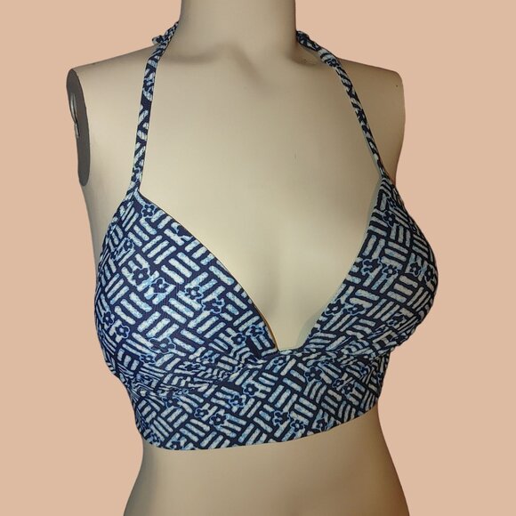Aerie SwimTop Large  Bikini Halter Open Back Crop Blue - Picture 1 of 6
